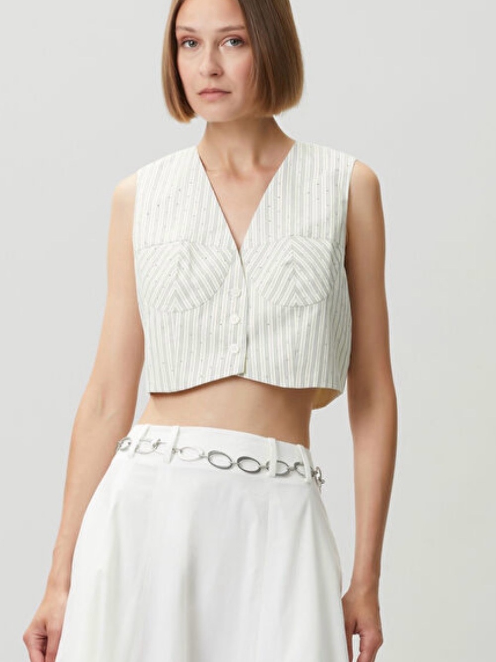 Sandro top Sleeveless Cropped Button-Front Top in Ivory Stripe